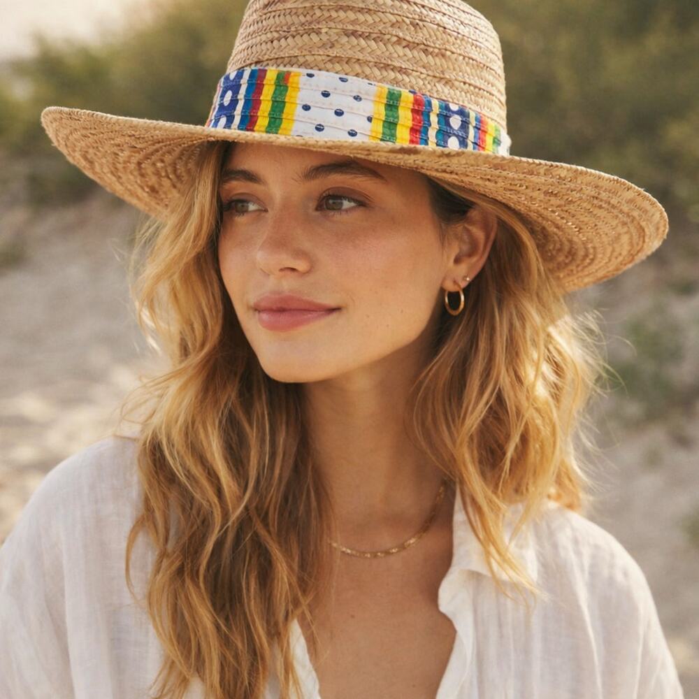 Boho Rancher Straw Hat Rainbow Band Wide Brim Festival Coastal Summer